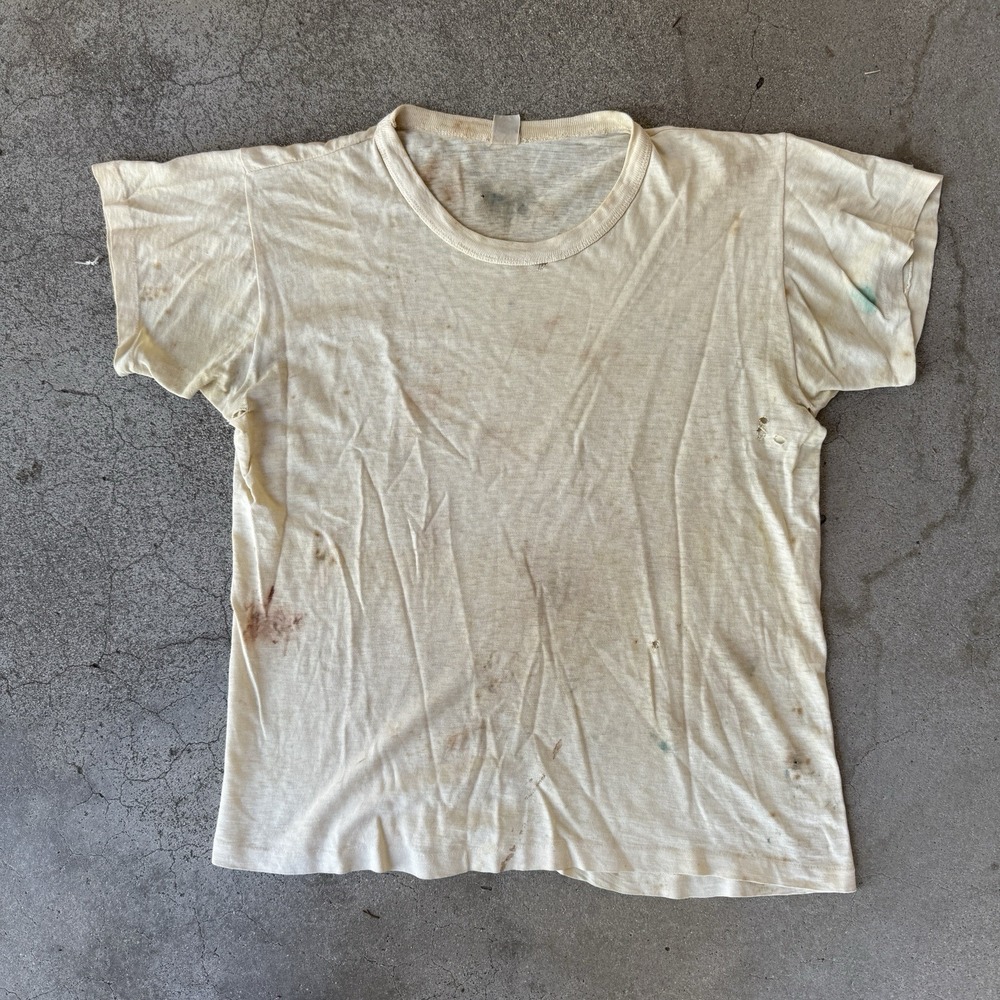 Vintage 1940s WW2 Era White Tee Shirt Blank Skivvies Norwich Medium Distressed